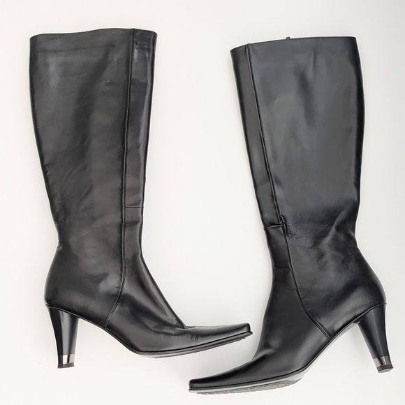 Sofia Italy Sleek Black Knee-High, Square-Toe Boots w/Silver Wrap Around 3" Heel - Picture 2 of 16